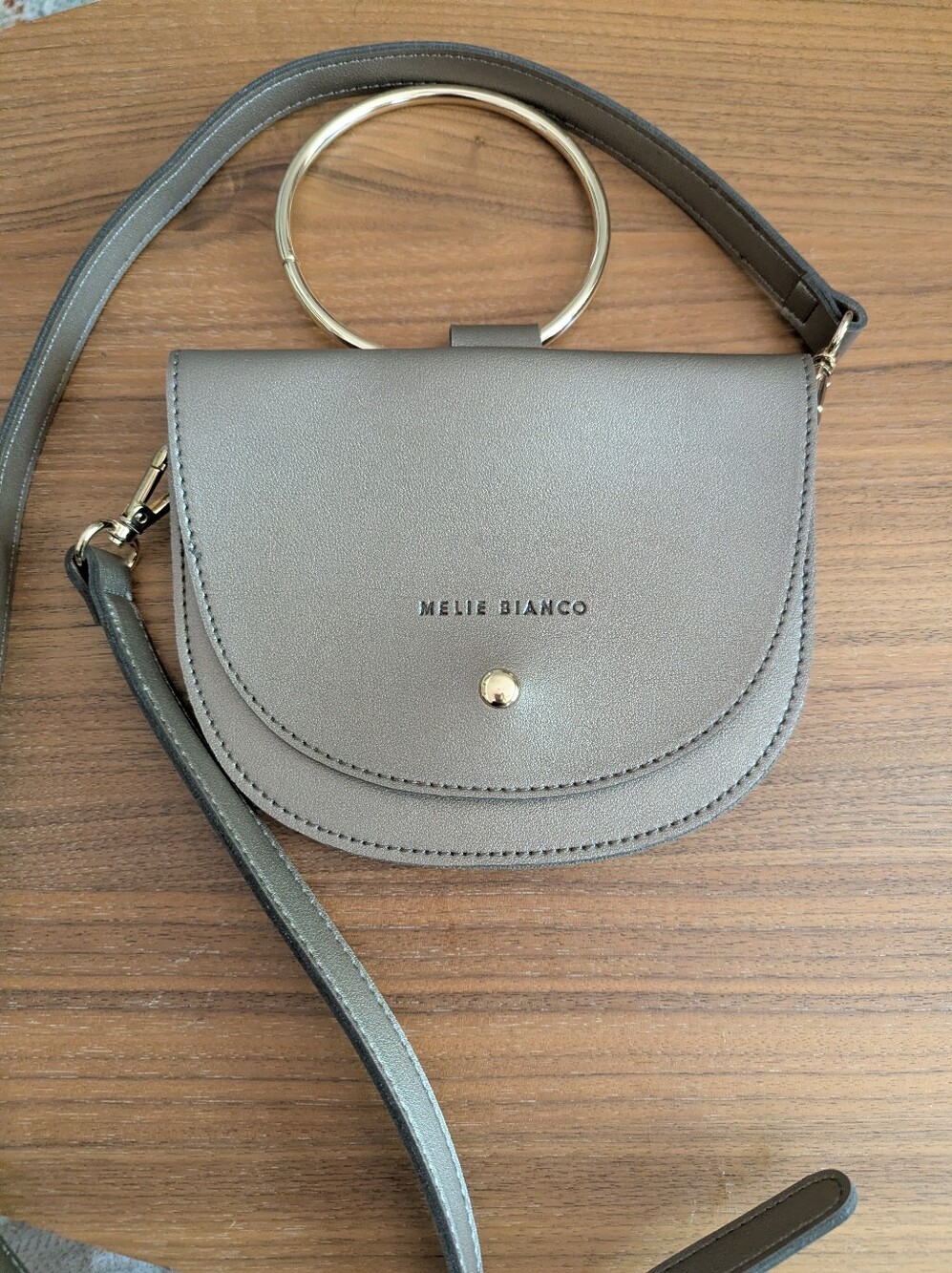 Melie Bianco Taupe Crossbody with Gold Ring Handle